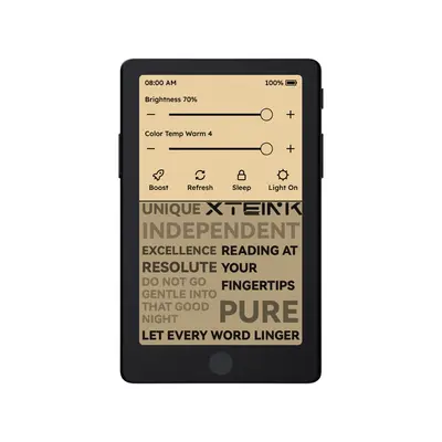 Xteink X4 Pro noire, liseuse de poche à encre électronique de 4,3 pouces, vue de face avec une page de texte affichée