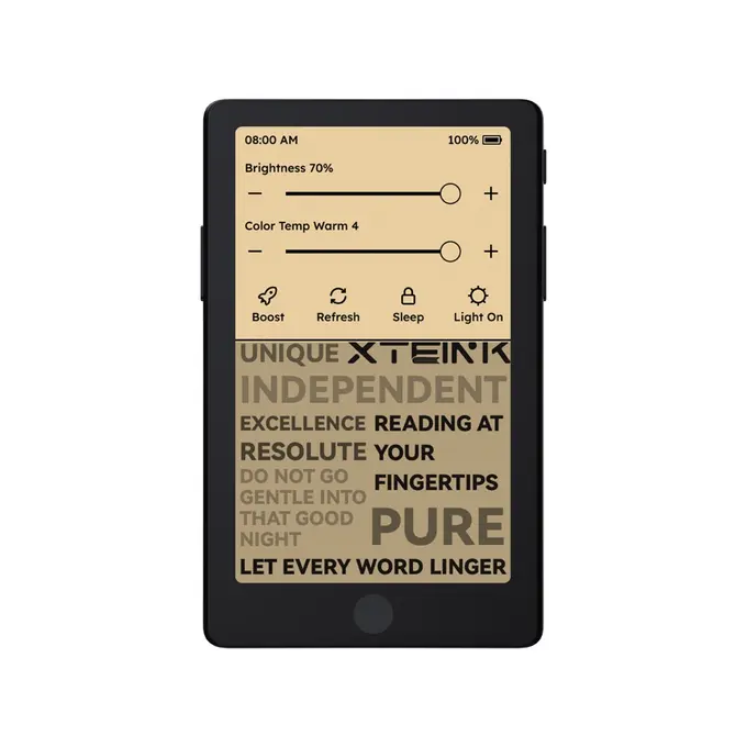 Xteink X4 Pro noire, liseuse de poche à encre électronique de 4,3 pouces, vue de face avec une page de texte affichée