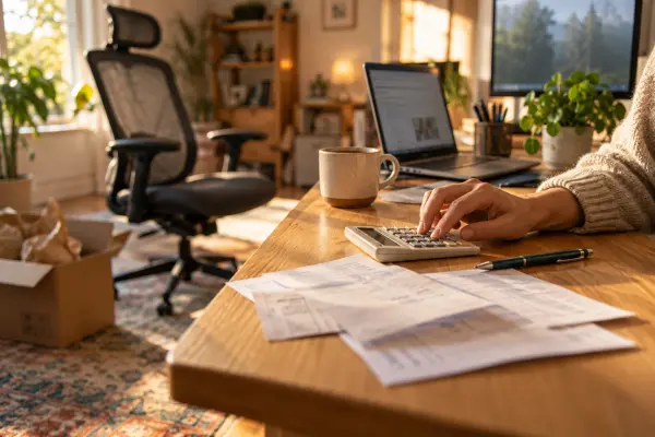 Main sur une calculatrice et des factures, devant une chaise de bureau ergonomique et un carton de livraison ouvert