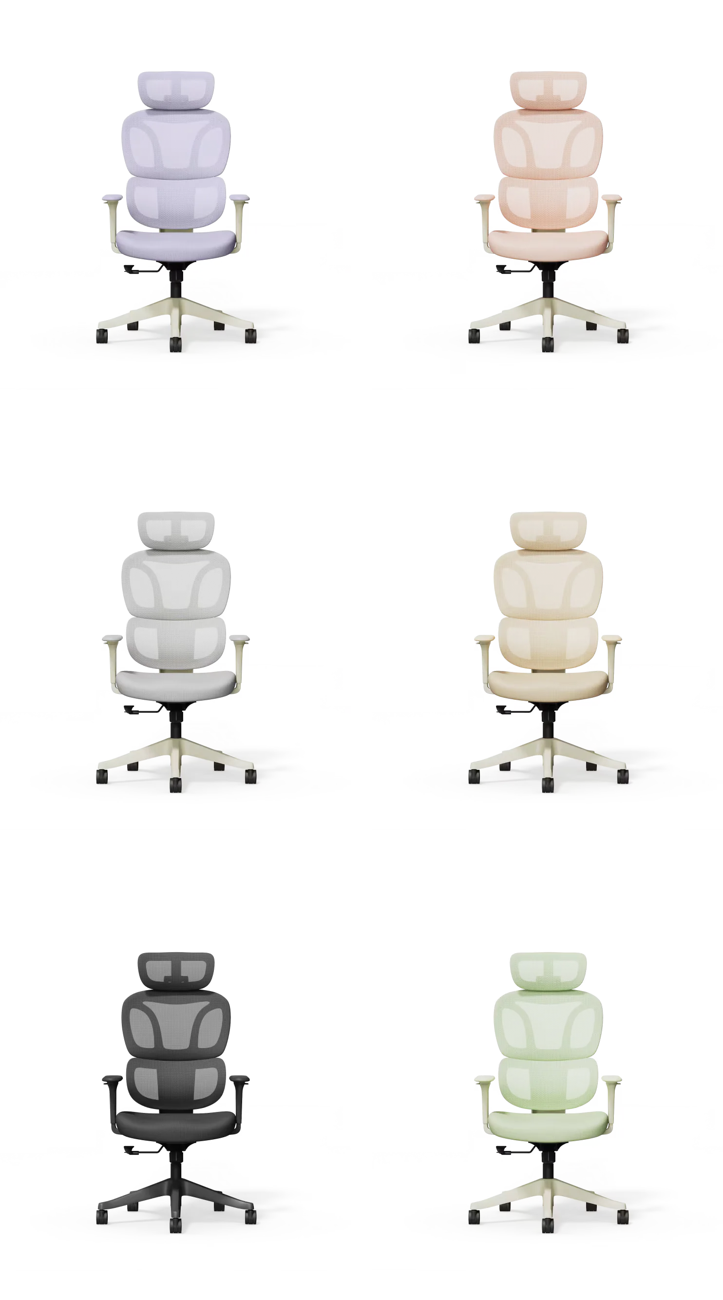 Les six coloris de la chaise Flexispot BS5 : lavande, abricot, gris clair, beige, noir et vert sauge