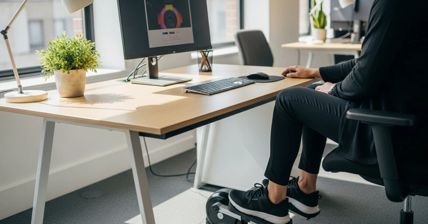 Personne en télétravail pédalant sur un pédalier glissé sous son bureau