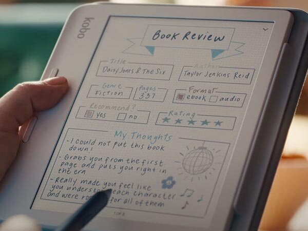 Fiche de lecture annotée au stylet sur la Kobo Libra Colour, surlignages en couleur