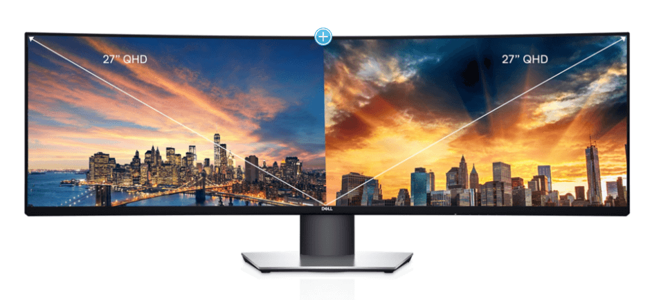 Écran ultrawide affichant deux zones 27 pouces QHD côte à côte, comme deux écrans réunis en un seul
