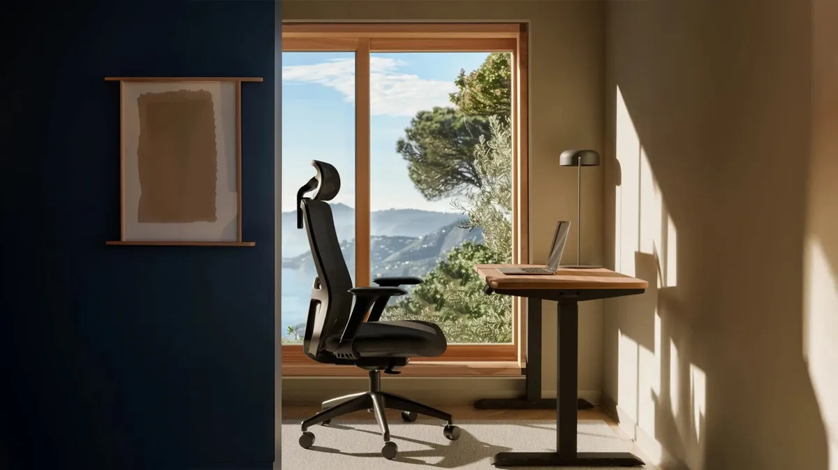 Desktronic SitOne de profil devant une fenêtre, dossier en maille respirante