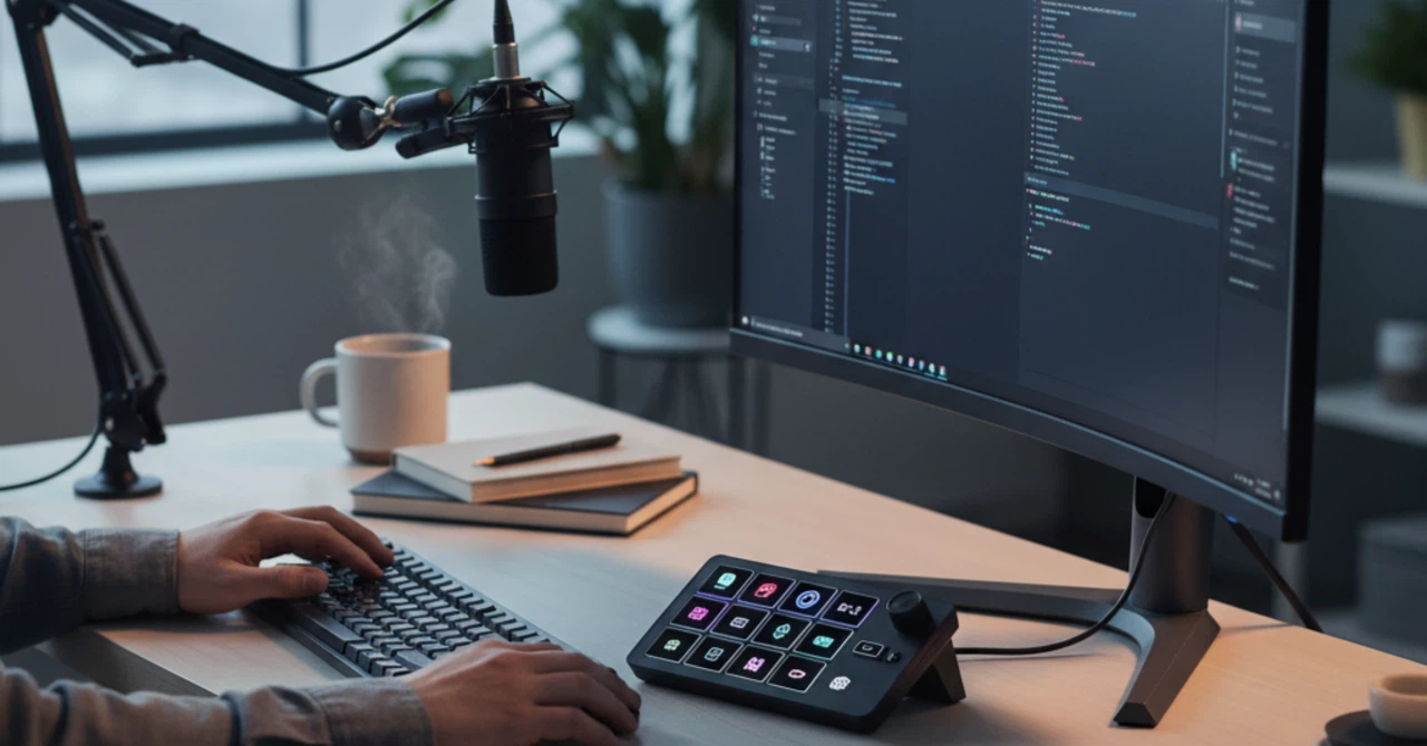 Setup de développeur avec micro, écran de code et Stream Deck RGB sur un bureau