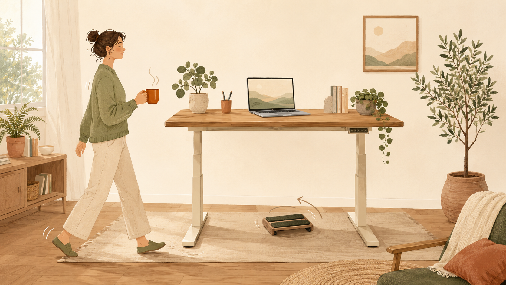 Illustration d'un espace de travail actif : bureau assis-debout, femme en pause-marche un café à la main, et un pédalier au sol