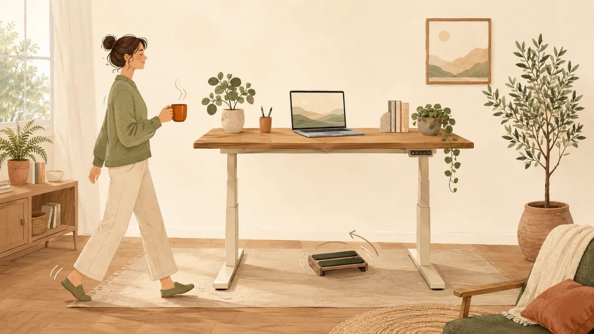 Illustration d'un espace de travail actif : bureau assis-debout, femme en pause-marche un café à la main, et un pédalier au sol