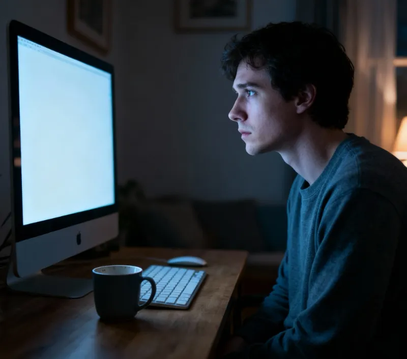 Jeune qui travaille tard devant son PC