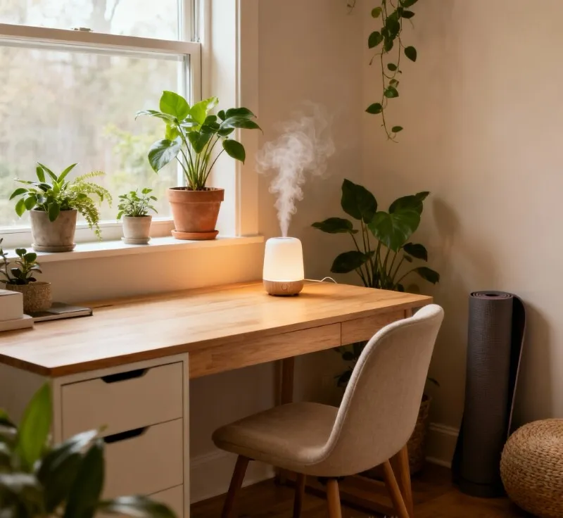 Bureau en bois devant une fenêtre, plantes vertes sur le rebord et diffuseur allumé posé sur le plateau