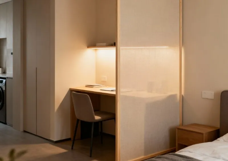 Petit bureau en alcôve avec une chaise grise, éclairé par une réglette sous l'étagère, séparé du lit par un paravent en toile claire sur cadre en bois